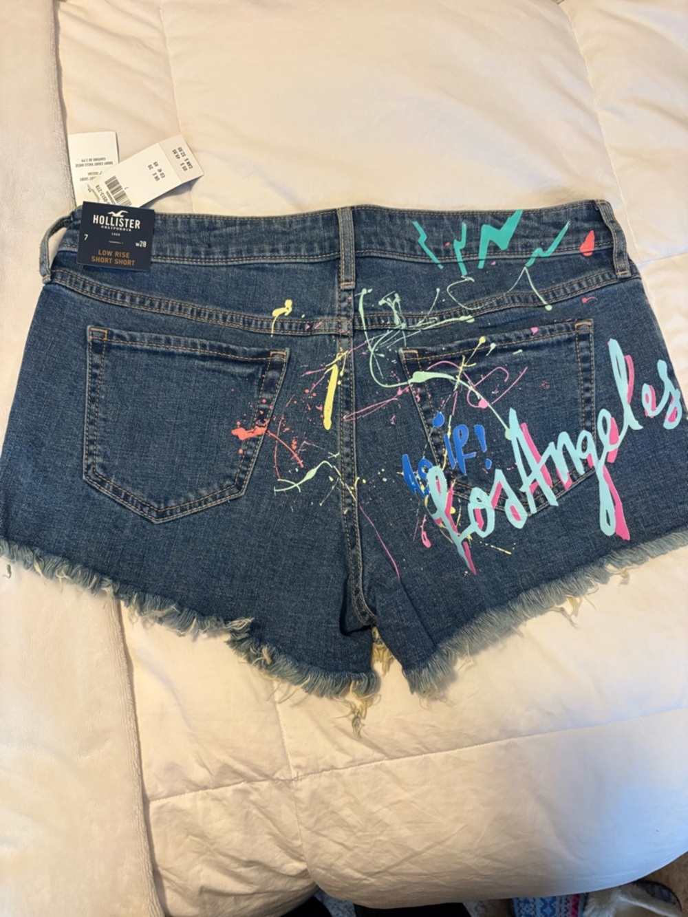 Hollister Dark Blue Denim Cutoff Shorts with Neon Paint Lightning - Picture 2 of 10